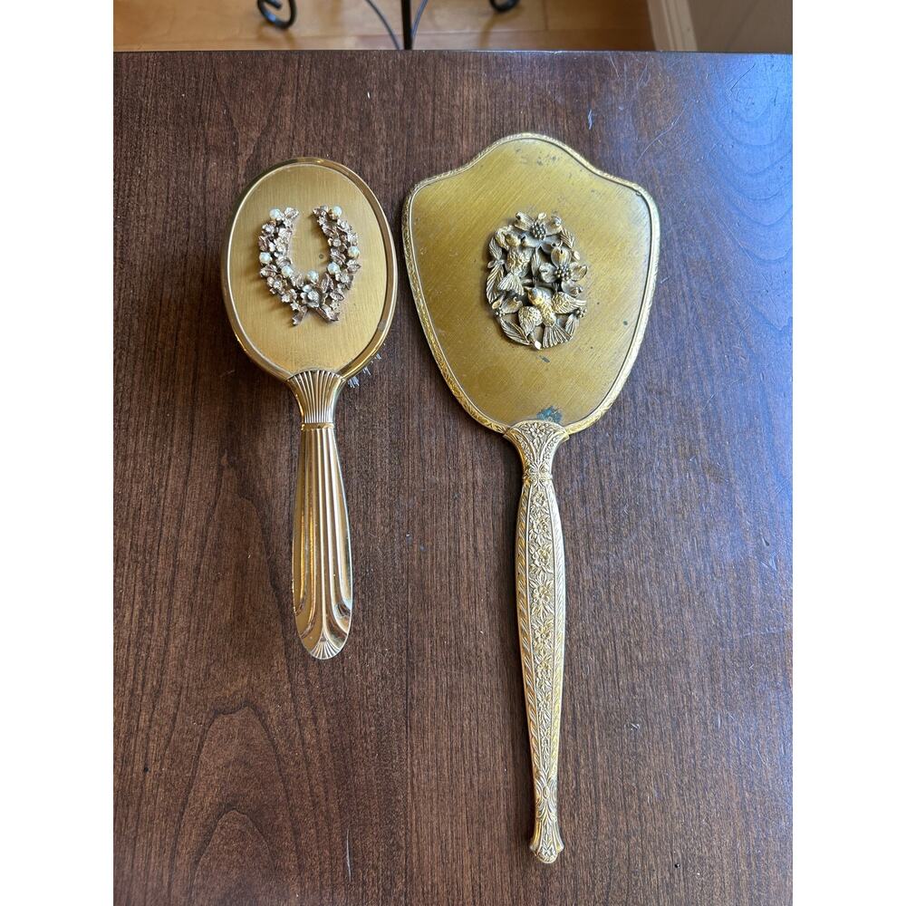 Vintage Mid Century Gold Tone Ormolu Hair Brush & Handheld Mirror Vanity MCM